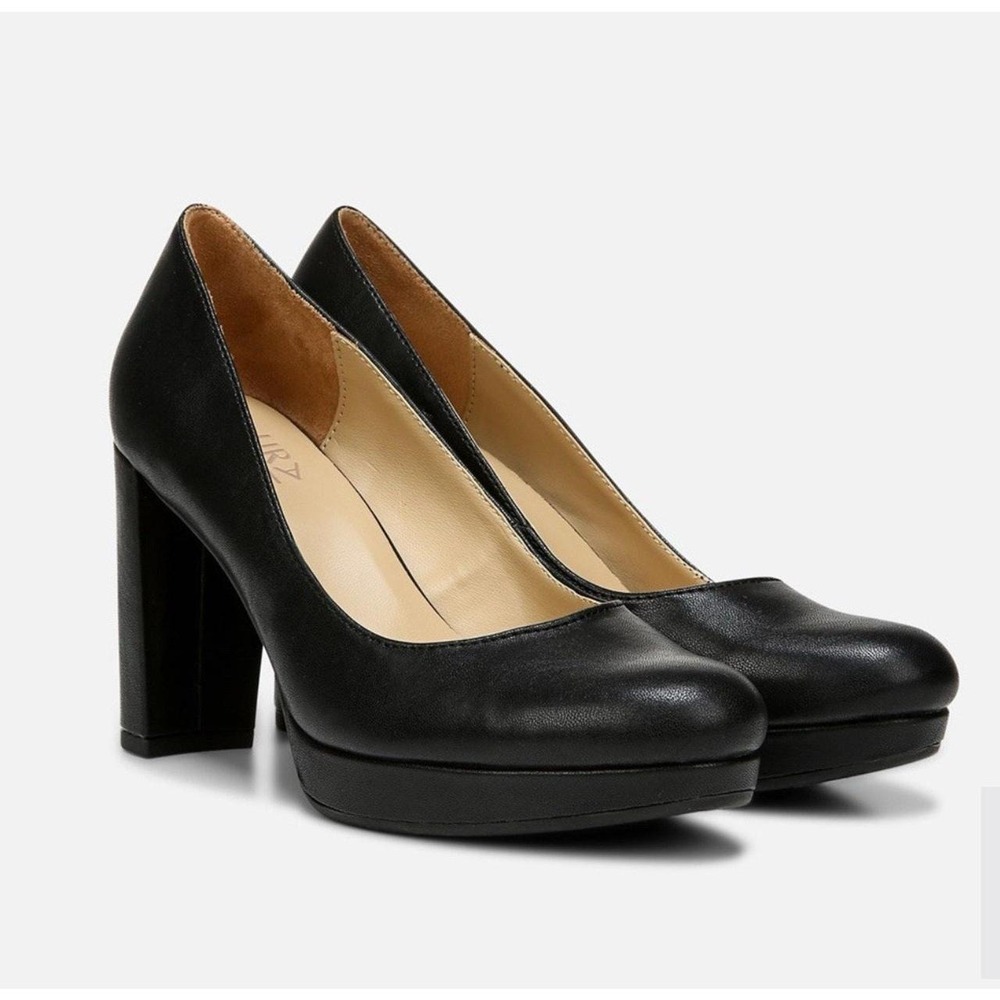 Naturalizer Berlin Black Smooth Pumps Size 9W Wide Block Heel Almond Toe Shoe